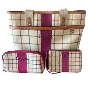 Coach Cream Plaid Tote with Fuchsia Center Stripe and Matching Pouches